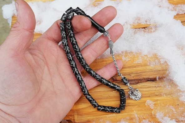 Oltu Taşı  Kesme Model Tek Zikzak Dörtlü Baklava  İşlemeli Tespih - Resim 3