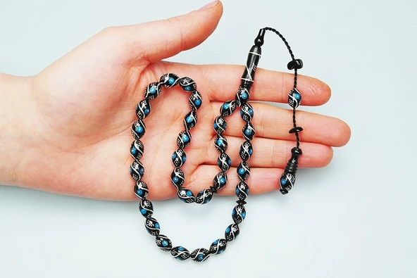 Oltu Taşı Beyzi  Çeşmi Bülbül Mavi İşlemeli Tespih - Resim 3