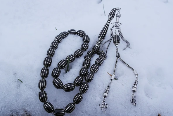 Oltu Taşı Beyzi Model On İkili Karpuz  Nakkaş İmame İşlemeli Tespih - Resim 3