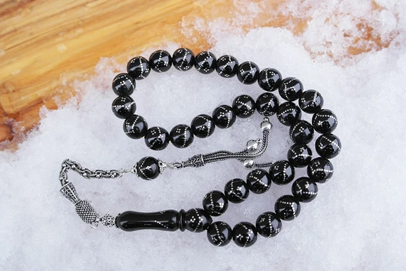 Oltu Taşı Küre Tek Zikzak Dörtlü Baklava İşlemeli Tespih - Resim 2