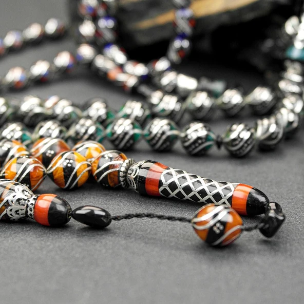 Oltu Taşı Maskot Çift Çeşmi Bülbül İşlemeli Tespih - Resim 2