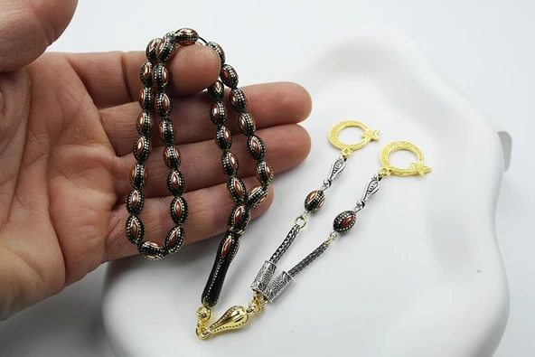 Arpa Model Kırmızı Mine  İşlemeli Pirinç Kafes Tespih - Resim 6