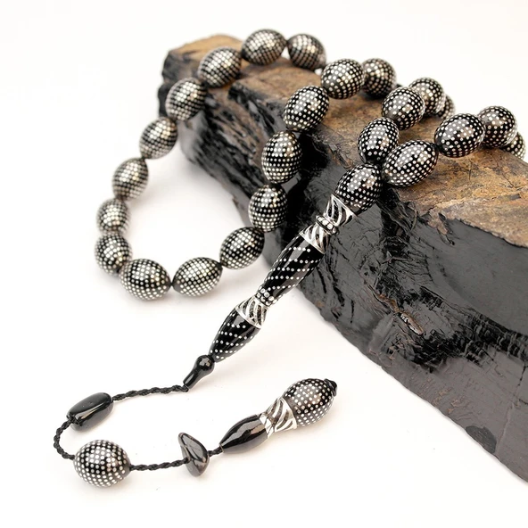 Oltu Taşı Nokta Çeşmi Bülbül İşlemeli Tespih - Resim 3