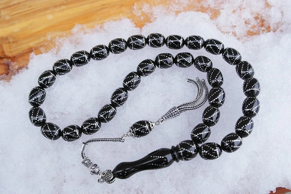 Oltu Taşı Beyzi Çemberli Burgu İşlemeli Tespih - Resim 2