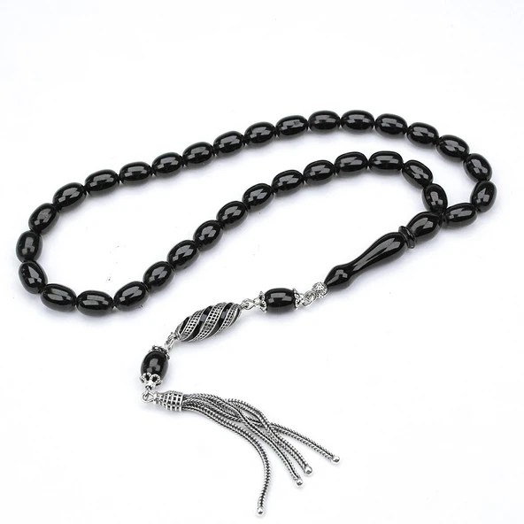 Oltu Taşı Beyzi Kesim  Gümüş Püsküllü Oltu Taşı Tespih - Resim 2