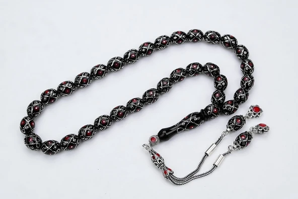 Oltu Taşı  Beyzi Fiyonk Kırmızı İşlemeli Tespih ürün görseli