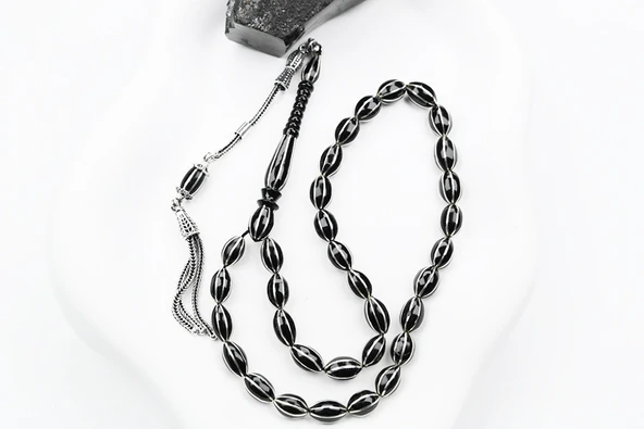 Oltu Taşı Arpa Model Sekizli Karpuz  Nakkaş İşlemeli Tespih - Resim 2