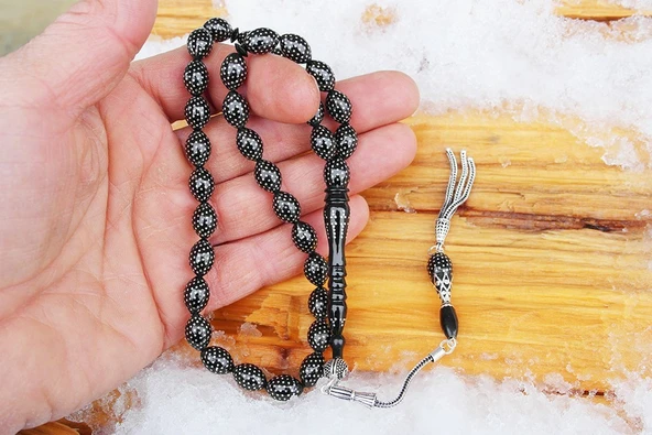 Oltu Taşı Beyzi Model Nokta Çeşmi Bülbül İşlemeli Tespih - Resim 2