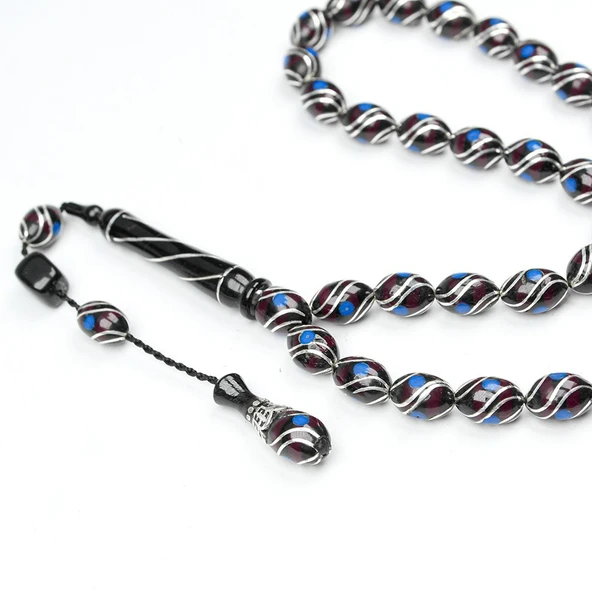 Oltu Taşı ve  Kırmızı Galalith Çift Çeşmi İşlemeli Tespih - Resim 2