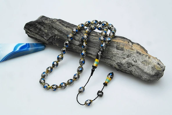 Oltu Taşı Ve Sarı Galalith  Çift Çeşmi Bülbül İşlemeli Tespih - Resim 2