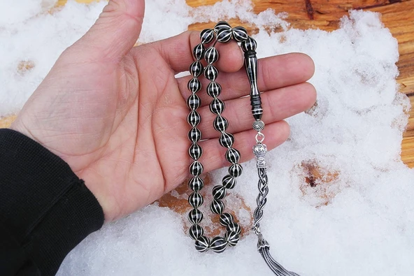 Oltu Taşı Beyzi Model Sekizli Karpuz İşlemeli Tespih - Resim 4