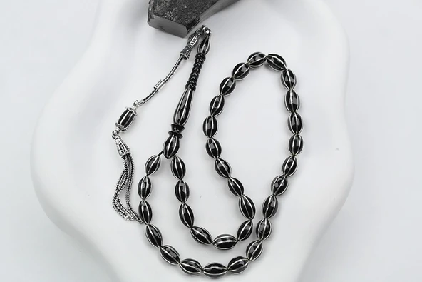 Oltu Taşı Arpa Model Sekizli Karpuz  Nakkaş İşlemeli Tespih - Resim 5