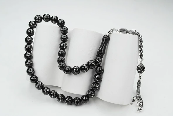 Oltu Taşı Küre Tek Zikzak Dörtlü Baklava İşlemeli Tespih - Resim 3