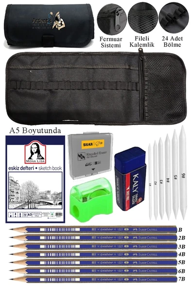 A5 Telli Eskiz Defteri Monalisa Spiralli Karakalem Rulo Kalemlik Siyah 24 Bölmeli Dereceli Kalem Gölgeleme Dağıtma Silgi ürün görseli
