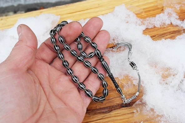 Oltu Taşı Arpa Model Sekizli Karpuz  Nakkaş İşlemeli Tespih - Resim 4