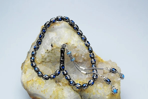 Oltu Taşı Üçlü Çeşmi Mavi İşleme Kapsül Tespih - Resim 2