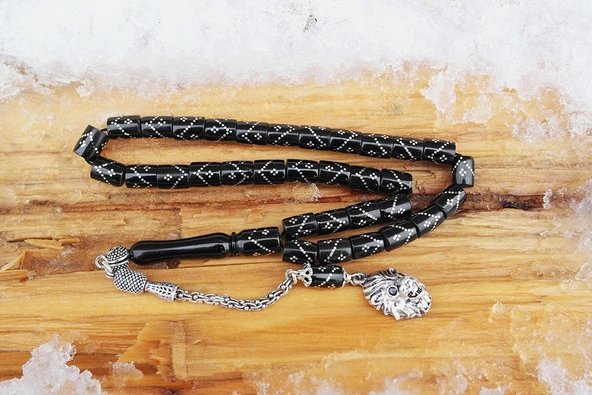 Oltu Taşı  Kesme Model Tek Zikzak Dörtlü Baklava  İşlemeli Tespih - Resim 2