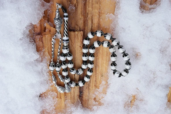 Oltu Taşı Beyzi Model  İşlemeli Altılı Çeşmi Bülbül  Beyaz Galalith Tespih - Resim 3