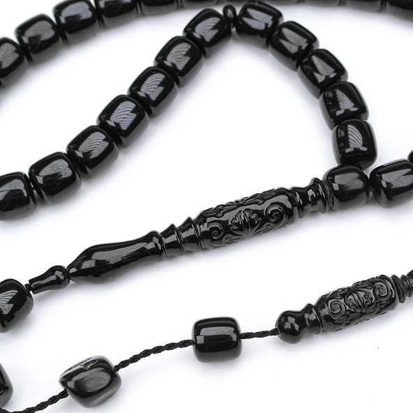 Oltu Taşı Kısa Eskitme Model Nakkaş Oyma İmameli Tespih - Resim 3