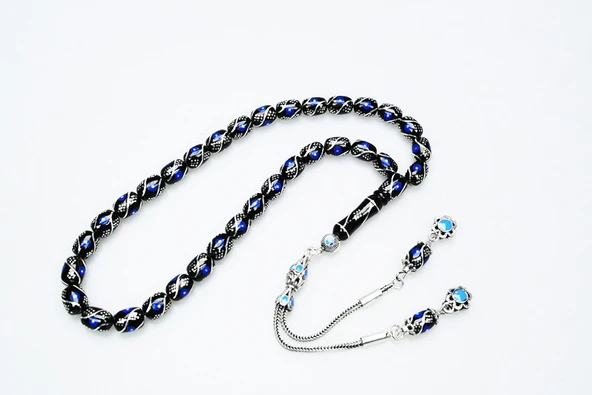 Oltu Taşı Üçlü Çeşmi Mavi İşleme Kapsül Tespih ürün görseli