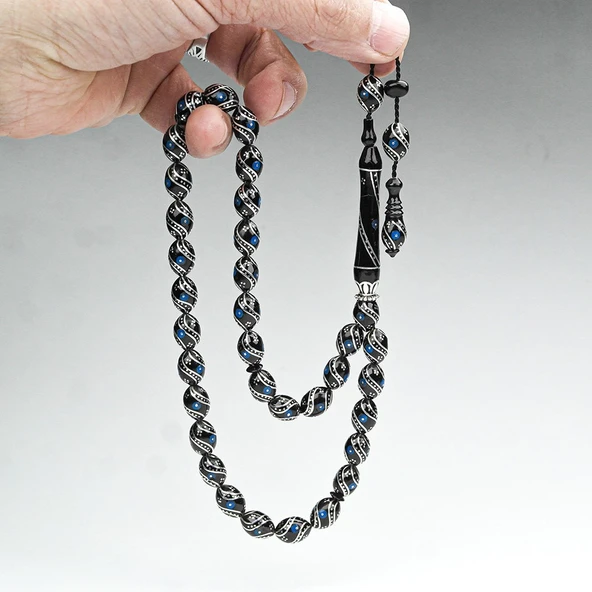 Oltu Taşı Çift Çeşm-i Bülbül  Mavi İşlemeli Tespih - Resim 3