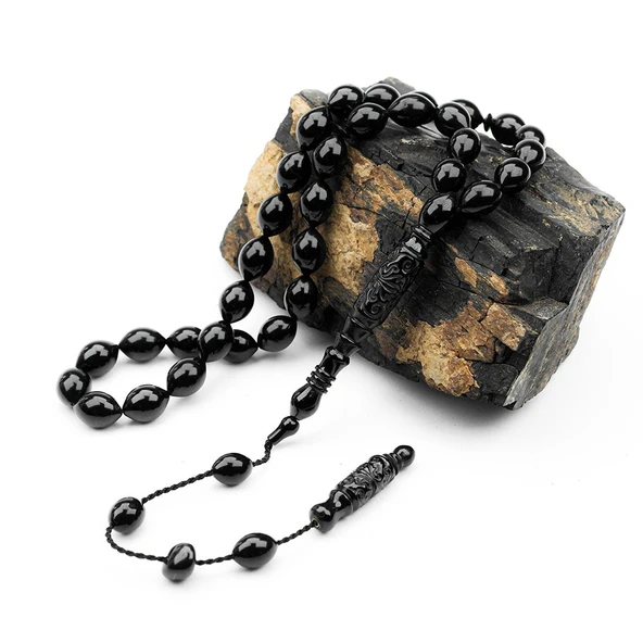 Oltu Taşı Beyzi Kesim  İmame  Nakkaş Oyma Tespih - Resim 2