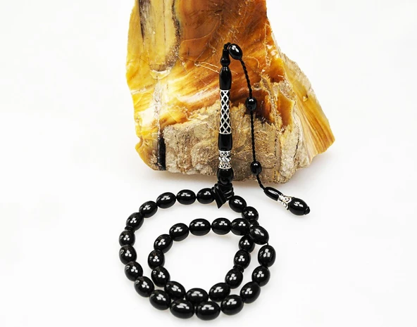 Oltu Taşı Kare Baklava Desenli  İmame Gümüş İşleme Sade Tespih - Resim 2