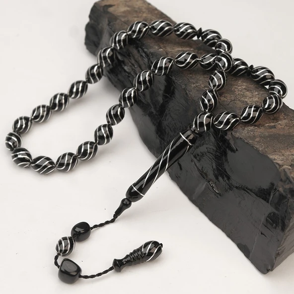 Oltu Taşı Çeşm-i Bülbül İşlemeli Tespih - Resim 2