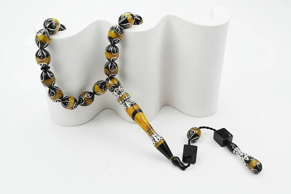 Oltu Taşı ve Galalith Beyzi Kesim Damla İşlemeli Tespih - Resim 4