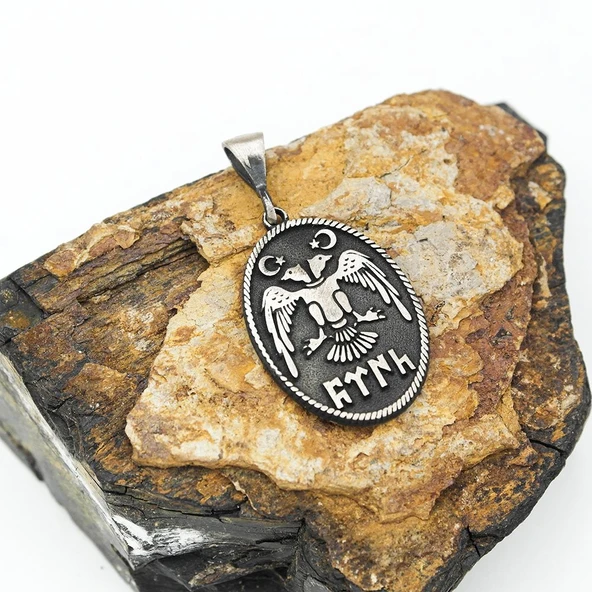 Çift Başlı Kartal  İki Yüzü Desenli  Gümüş Model Erkek Kolye - Resim 2