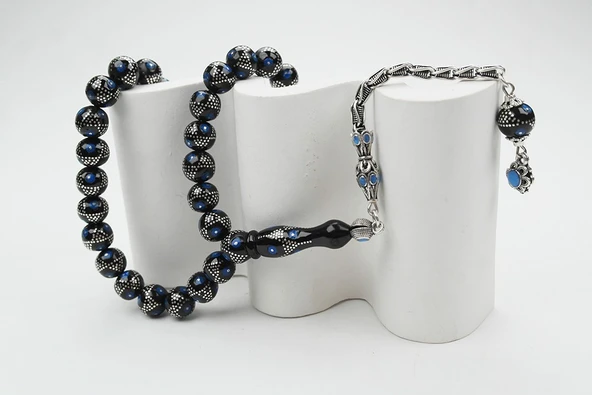 Oltu Taşı Küre Mavi Yıldız İşlemeli Tespih - Resim 3