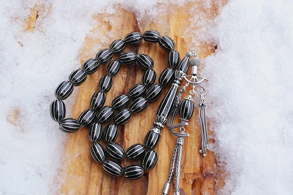 Oltu Taşı Beyzi Model On İkili Karpuz  Nakkaş İmame İşlemeli Tespih - Resim 4