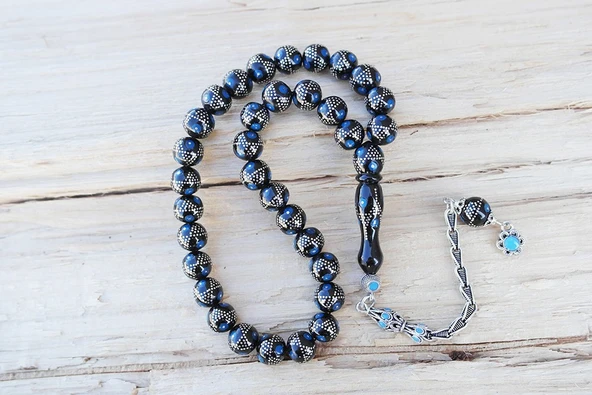 Oltu Taşı Küre Fiyonk Mavi İşlemeli Tespih - Resim 3