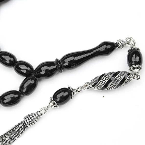 Oltu Taşı Beyzi Kesim  Gümüş Püsküllü Oltu Taşı Tespih - Resim 3