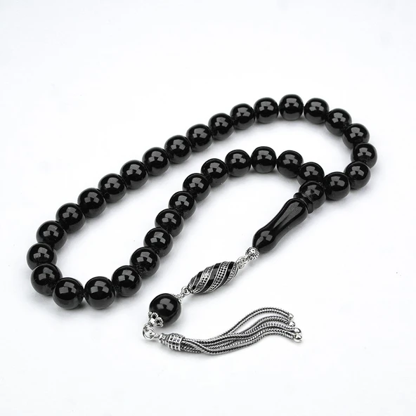 Oltu Taşı İşlemesiz Gümüş Püsküllü Küre Tespih - Resim 2