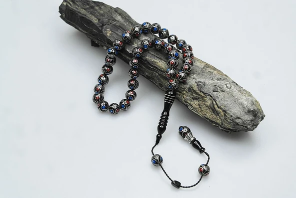 Oltu Taşı Çift Renk Damla Karpuz İşlemeli Tespih - Resim 2