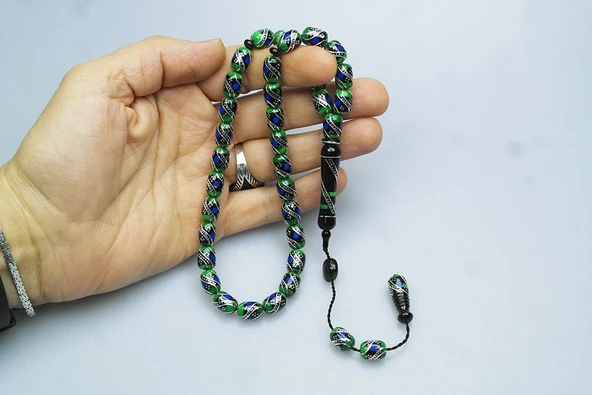 Oltu Taşı ve Yeşil Galalith  Çift Çeşmi İşlemeli Tespih - Resim 3