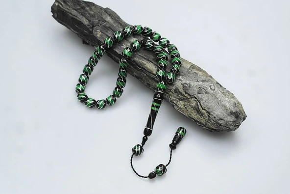 Oltu Taşı ve Yeşil Galalith Çeşmi Bülbül İşlemeli Tespih - Resim 2