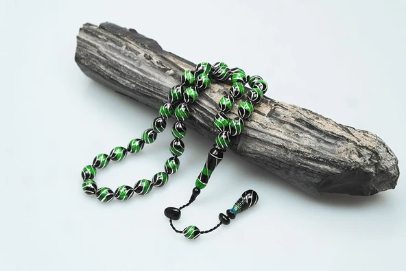 Oltu Taşı Ve Yeşil Galalith Çeşmi Bülbül İşlemeli Tespih - Resim 3