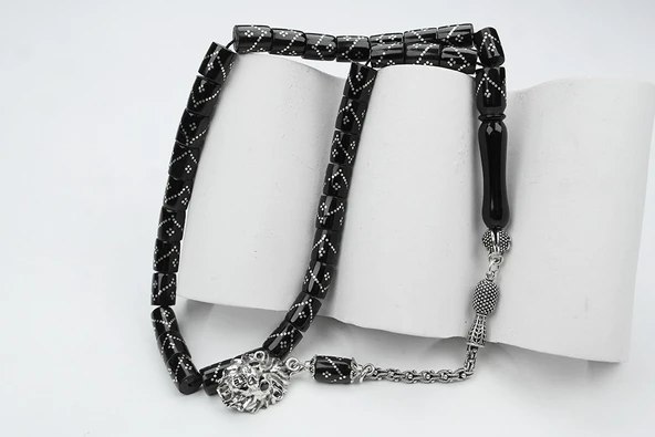 Oltu Taşı  Kesme Model Tek Zikzak Dörtlü Baklava  İşlemeli Tespih - Resim 5