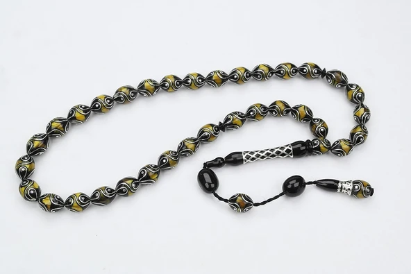 Oltu Taşı ve Sarı Galalith Çeşmi Damla İşleme Tespih ürün görseli