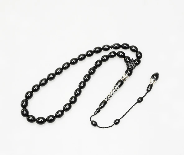 Oltu Taşı Kare Baklava Desenli  İmame Gümüş İşleme Sade Tespih ürün görseli