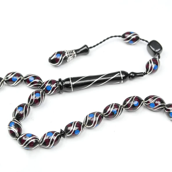 Oltu Taşı ve  Kırmızı Galalith Çift Çeşmi İşlemeli Tespih - Resim 3