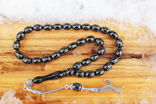 Oltu Taşı Beyzi Model Çemberli Yön İşlemeli Tespih - Resim 2