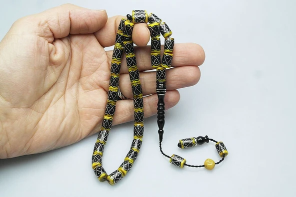 Oltu Taşı Ve Sarı Galalith Örgü İşleme Tespih - Resim 3