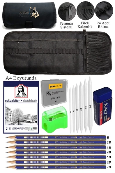 A4 Telli Eskiz Defteri Monalisa Spiralli Karakalem Rulo Kalemlik Siyah 24 Bölmeli Dereceli Kalem Gölgeleme Dağıtma Silgi