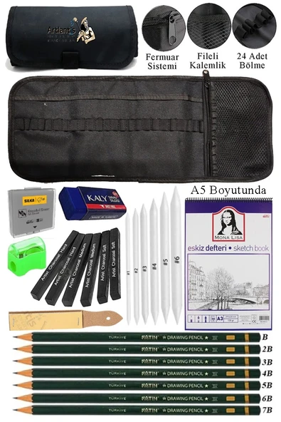 A5 Telli Eskiz Defteri Monalisa Spiralli Kömür Kalem Karakalem Rulo Kalemlik Siyah 24 Bölmeli Dereceli Kalem Gölgeleme ürün görseli