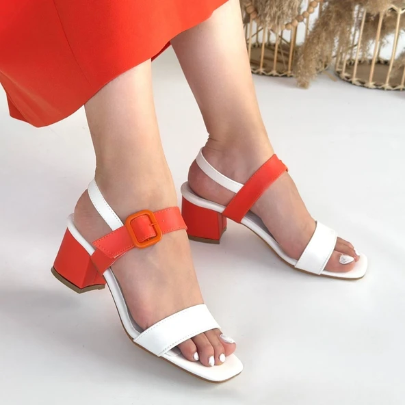 Pabucmarketi Beyaz Turuncu Detaylı Kadın Topuklu Sandalet - 4