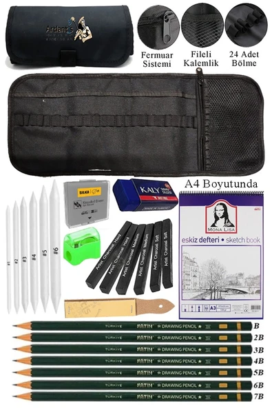 A4 Telli Eskiz Defteri Monalisa Spiralli Kömür Kalem Karakalem Rulo Kalemlik Siyah 24 Bölmeli Dereceli Kalem Gölgeleme ürün görseli