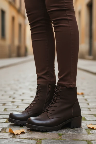 Venüs Kahve Nubuk Fermuarlı Bağcık Detaylı Hakiki Deri Kadın Topuklu Bot ürün görseli